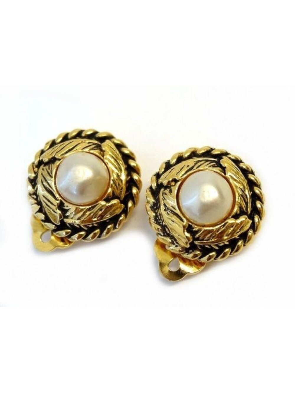 Chanel Earrings Faux Pearl Vintage Antique Gold Colored